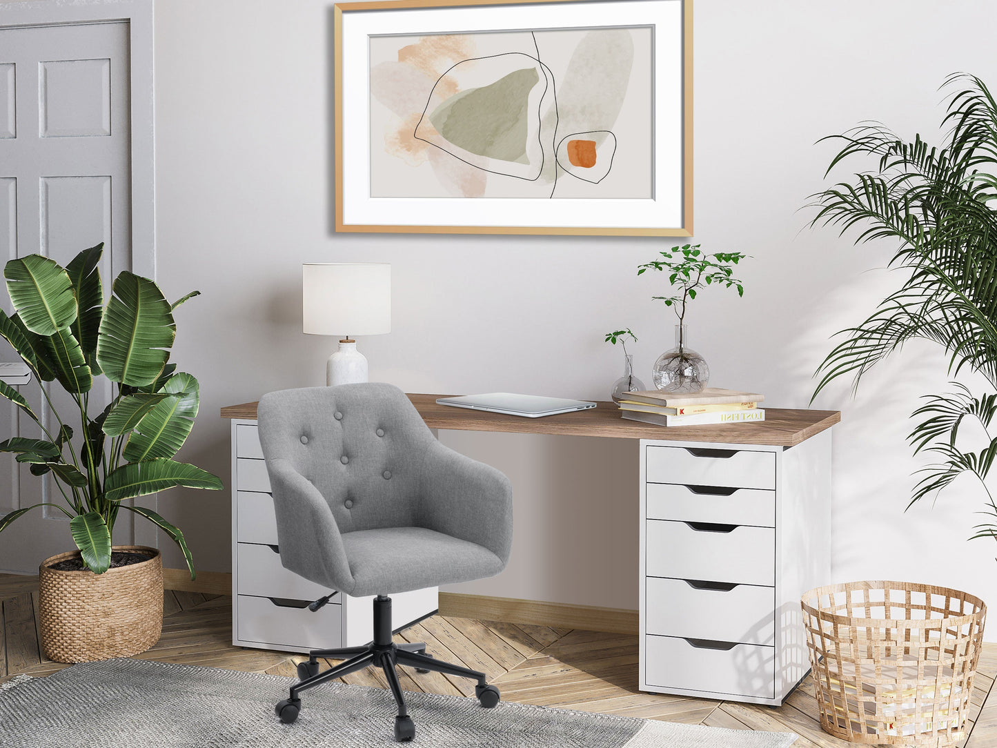 Light grey task chair with arms, ergonomic design, padded seat, and mesh backrest.