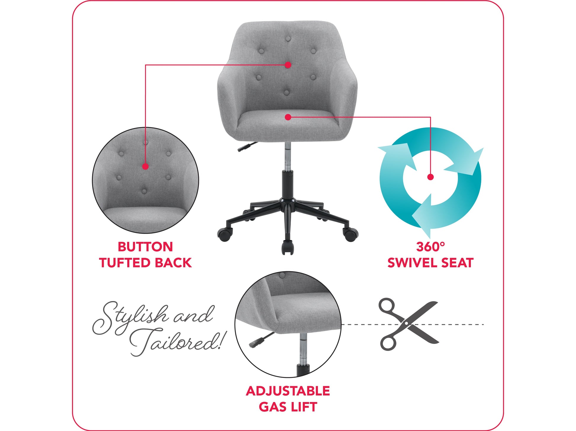 Light grey office chair with arms, ergonomic design, mesh backrest, and adjustable height.