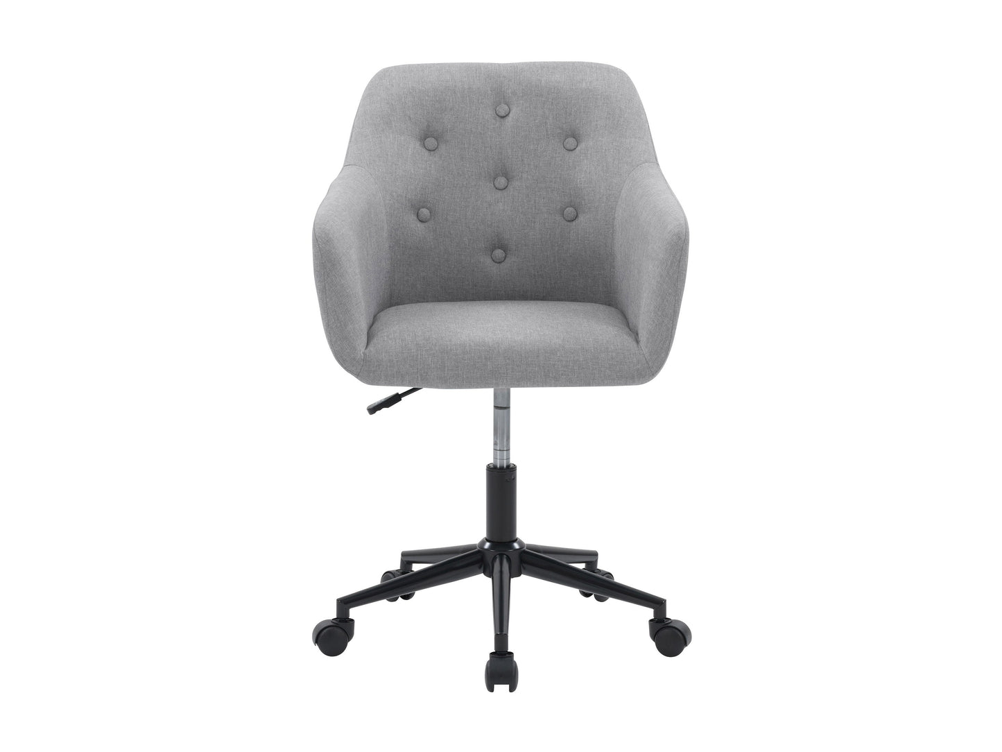 Light grey office chair with armrests, ergonomic design, mesh backrest, and adjustable height.