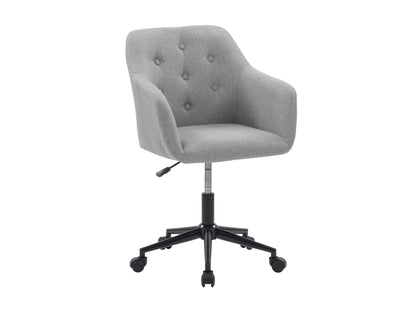 Light grey office chair with arms, ergonomic design, mesh back, and adjustable height.