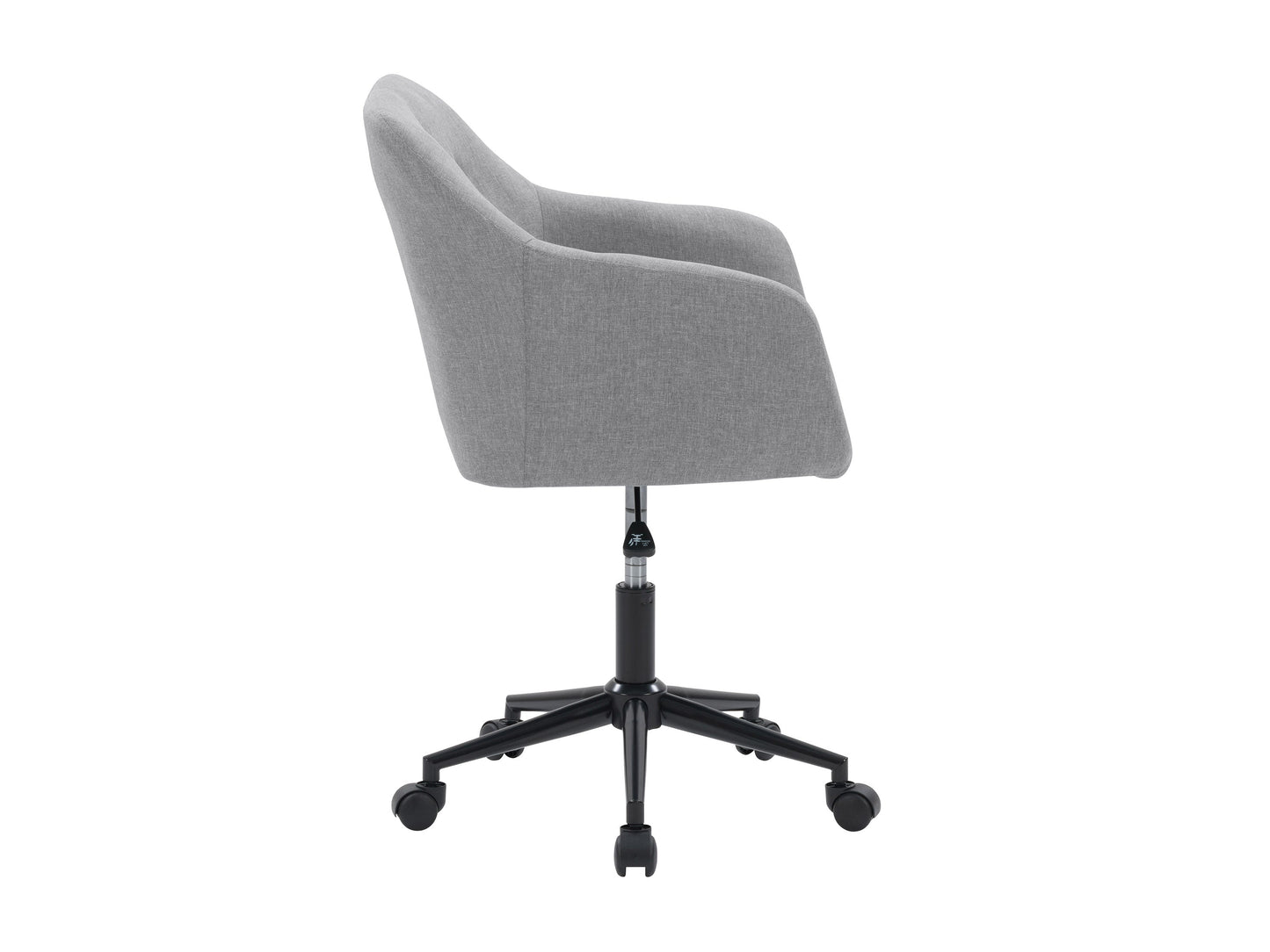 Light grey task chair with arms, ergonomic design, adjustable height, and sturdy black base.