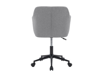 Light grey office chair with arms, ergonomic design, adjustable height, and cushioned seat.