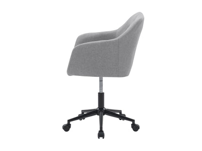 Light grey office task chair with arms, ergonomic design, adjustable height, and mesh backrest.