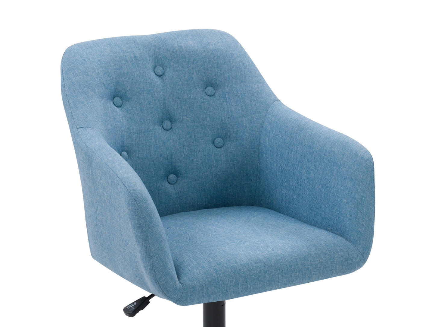 Light blue office chair with armrests, ergonomic design, mesh back, and adjustable height.