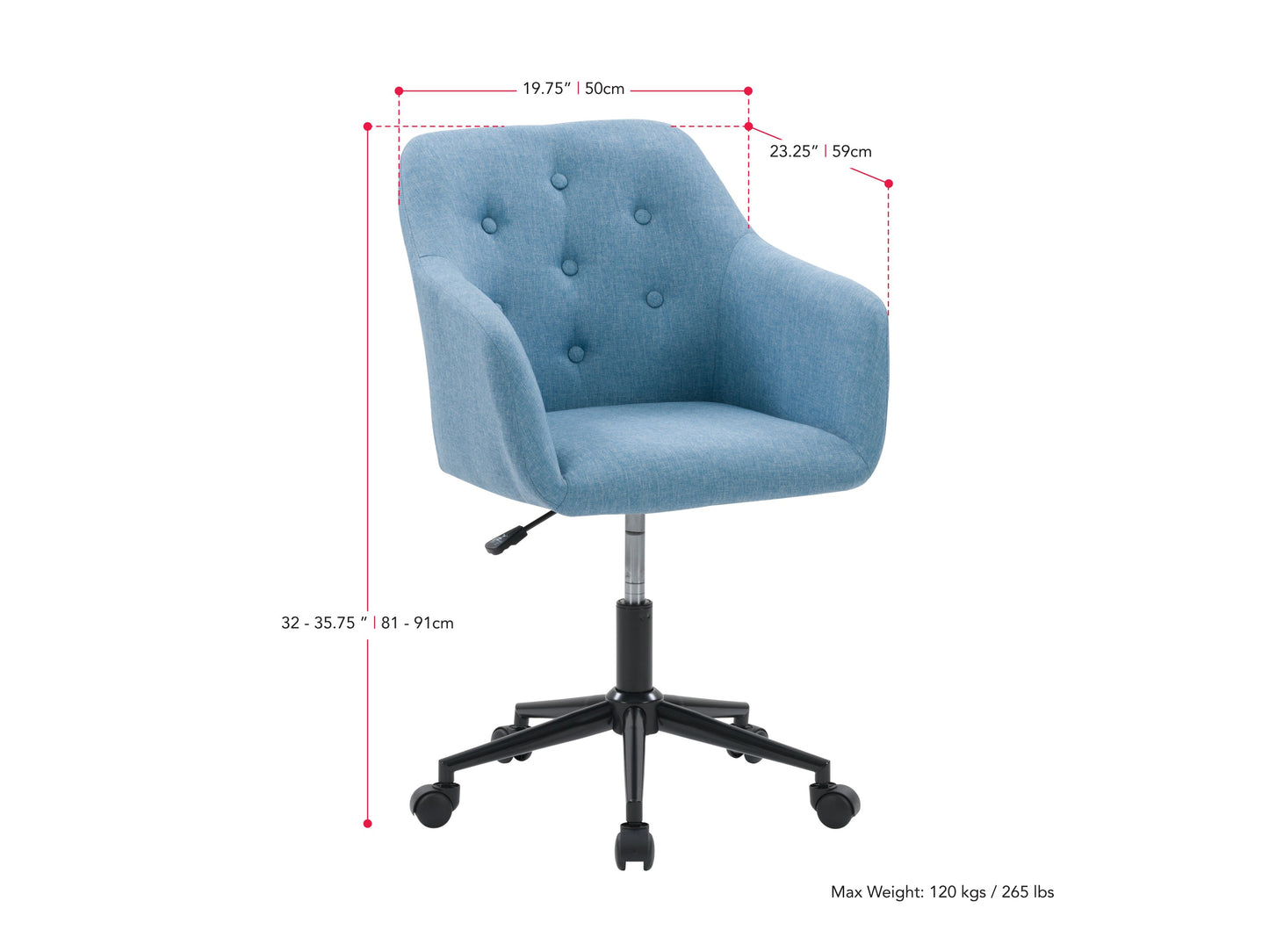 Light blue office task chair with ergonomic design, adjustable arms, and padded seat on a swivel base.