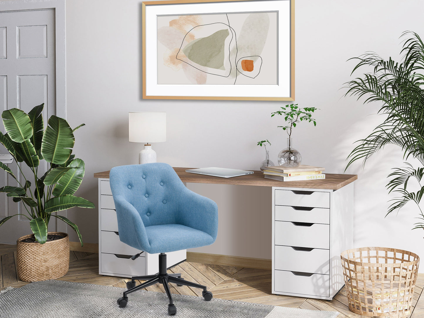 Light blue office chair with arms, ergonomic design, mesh backrest, and adjustable height.