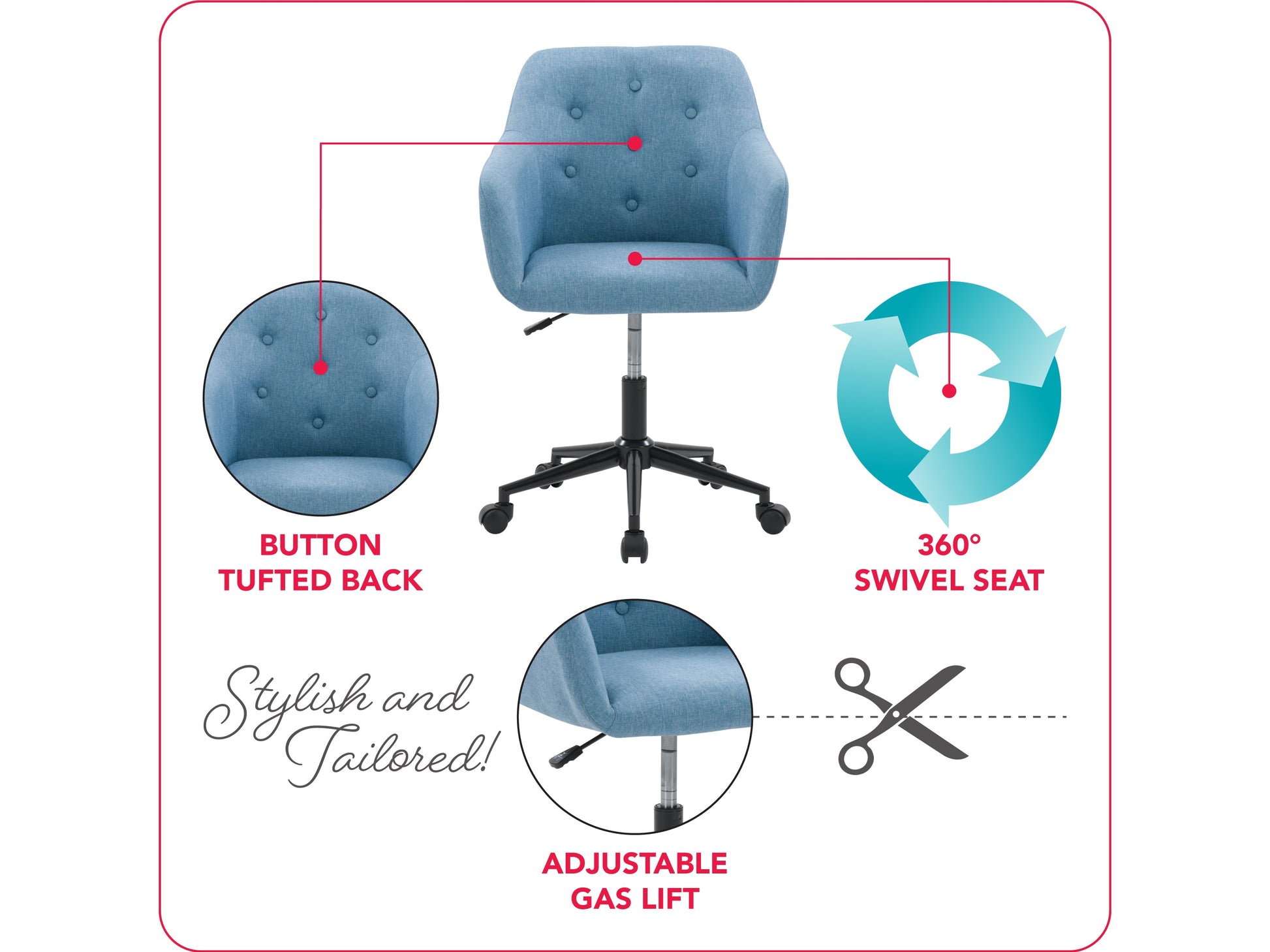 Light blue office task chair with arms, ergonomic design, padded seat, and mesh backrest.