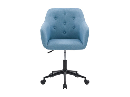 Light blue office chair with arms, ergonomic design, mesh backrest, and adjustable height.