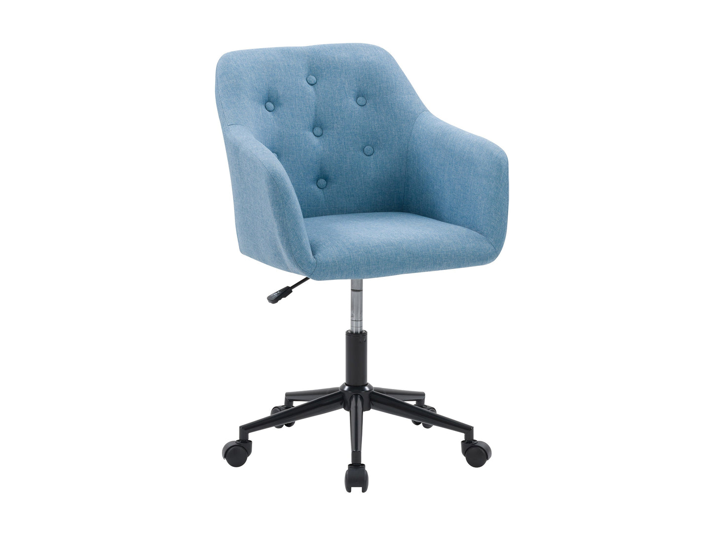 Light blue office chair with armrests, ergonomic design, and chrome base.