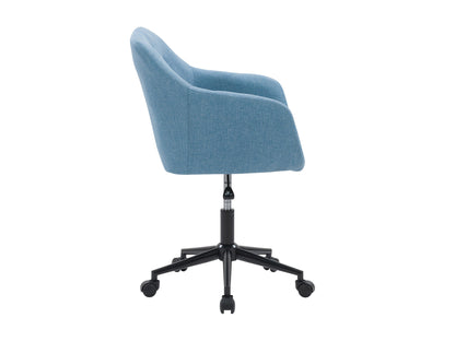 Light blue office chair with arms, ergonomic design, adjustable height, and cushioned seat.