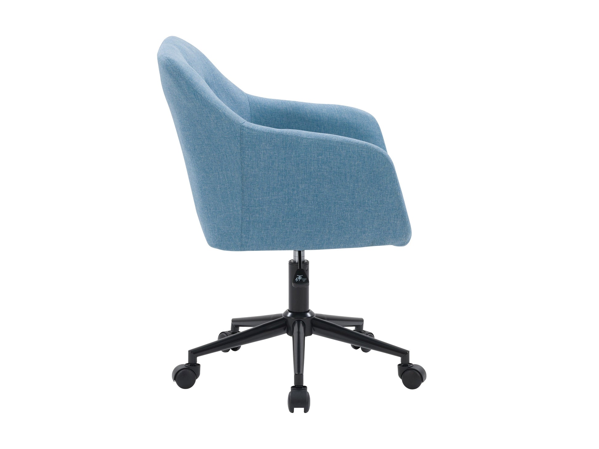 Light blue office task chair with arms, ergonomic design, mesh back, and adjustable height.