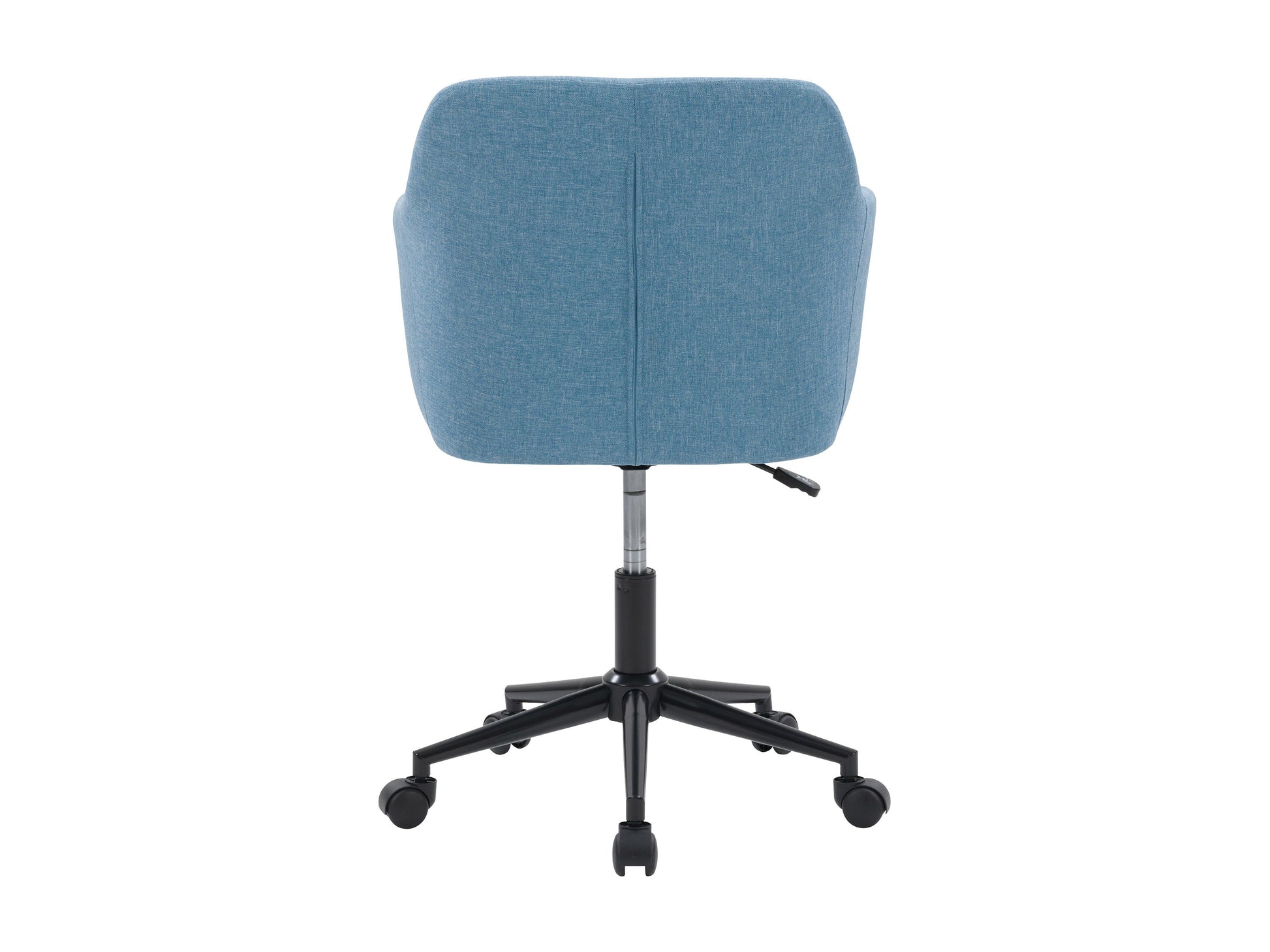 Light blue task chair with arms, ergonomic design, mesh back, and adjustable height for office use.