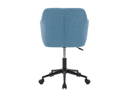 Light blue task chair with arms, ergonomic design, mesh back, and adjustable height for office use.