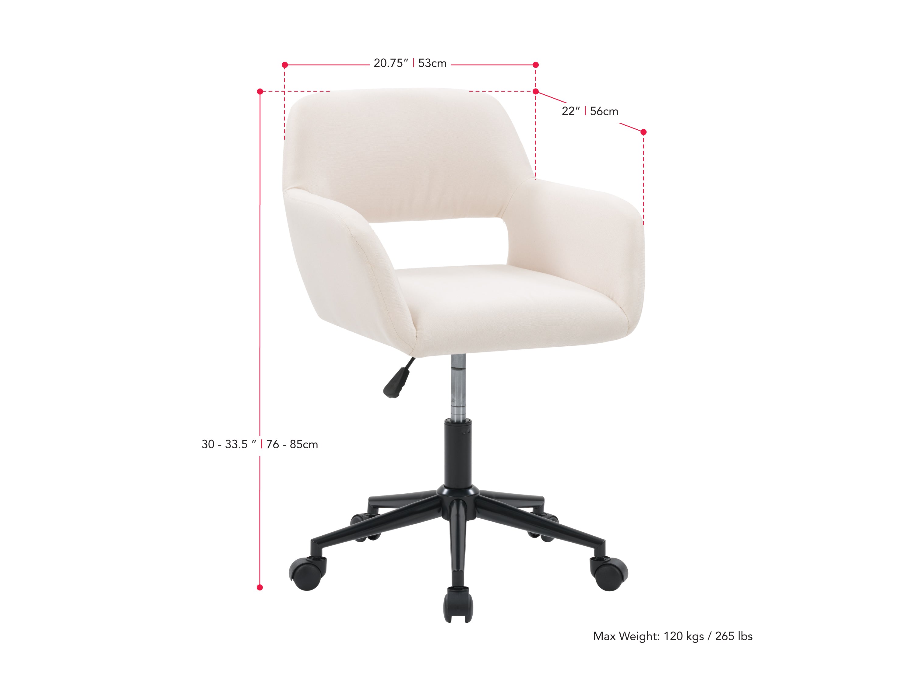 Ergonomic off-white task chair with open back, adjustable height, and swivel base for modern office spaces.