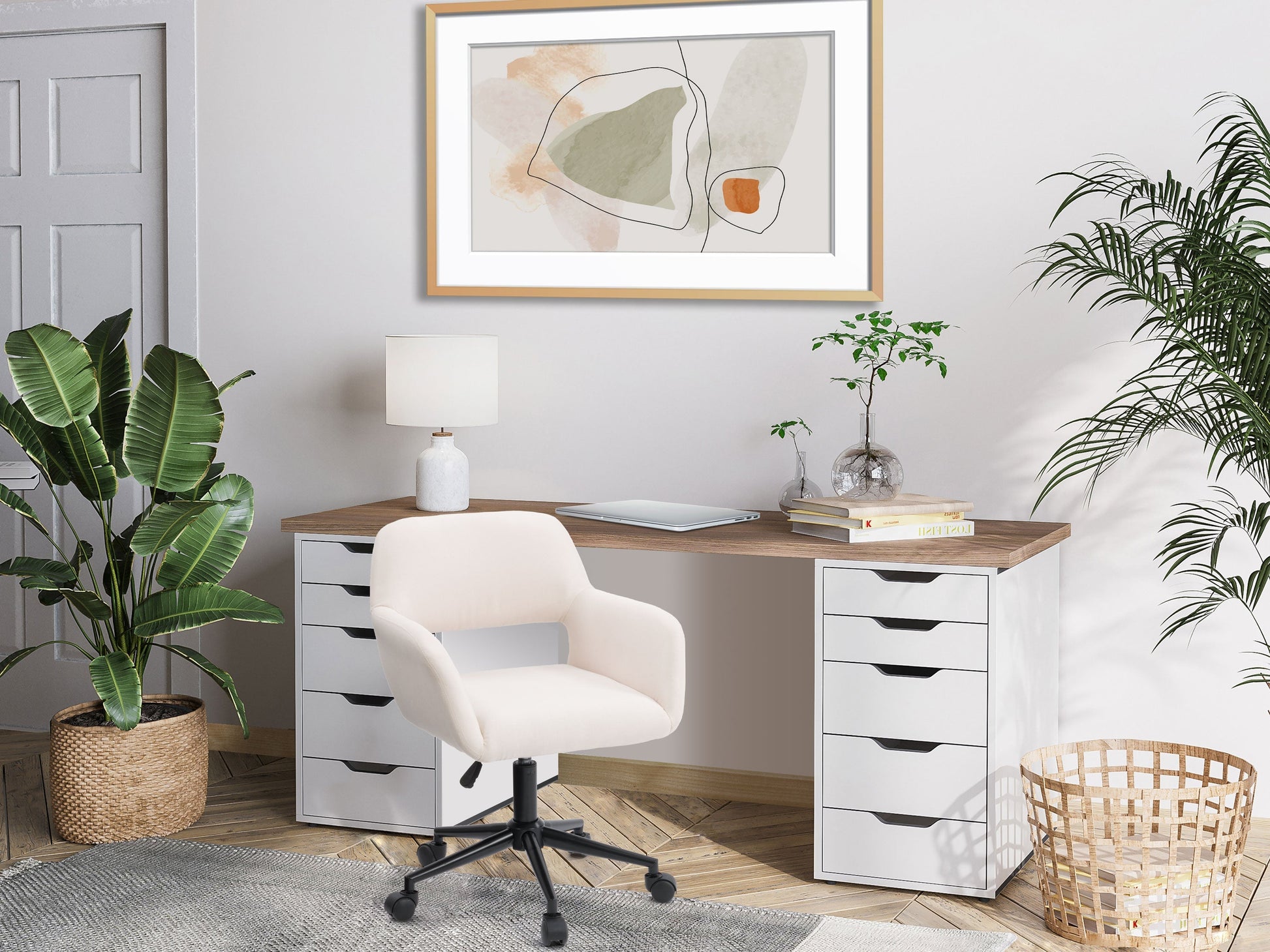 Ergonomic off-white task chair with open back, adjustable height, and sleek design for modern home offices.