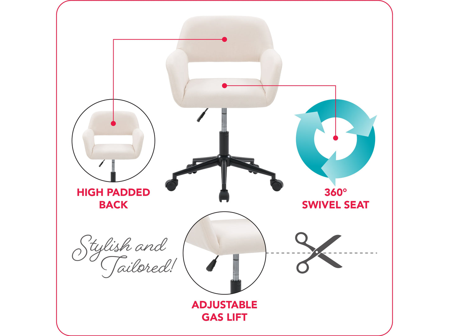 Off white task chair with open back, ergonomic design, padded seat, and adjustable height for office use.