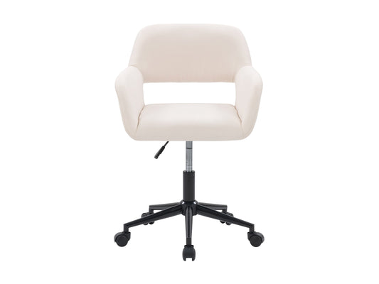 Off white task chair with open back, ergonomic design, and adjustable height for office use.