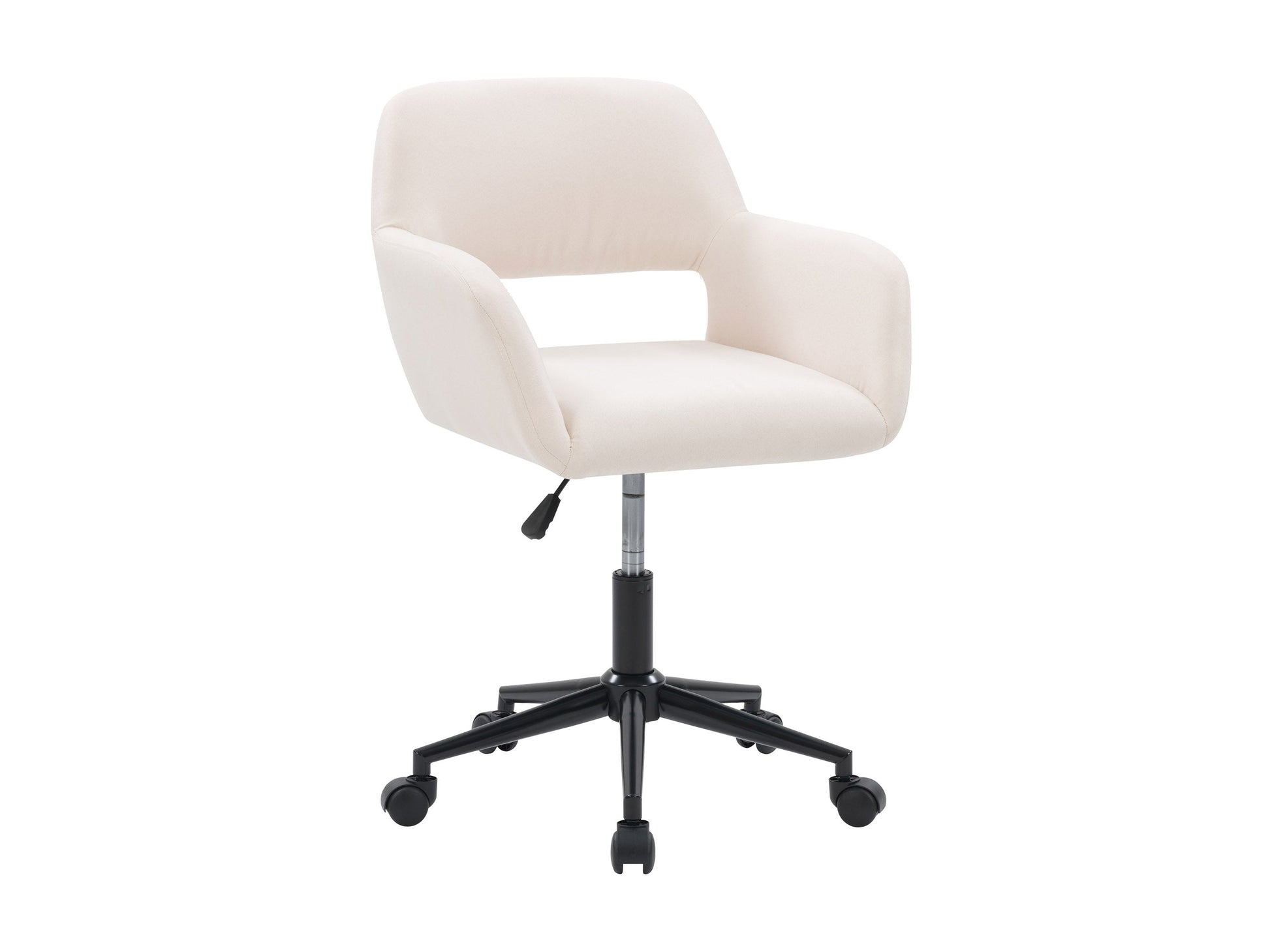 Off-white task chair with open back, ergonomic design, and adjustable height, perfect for modern office spaces.