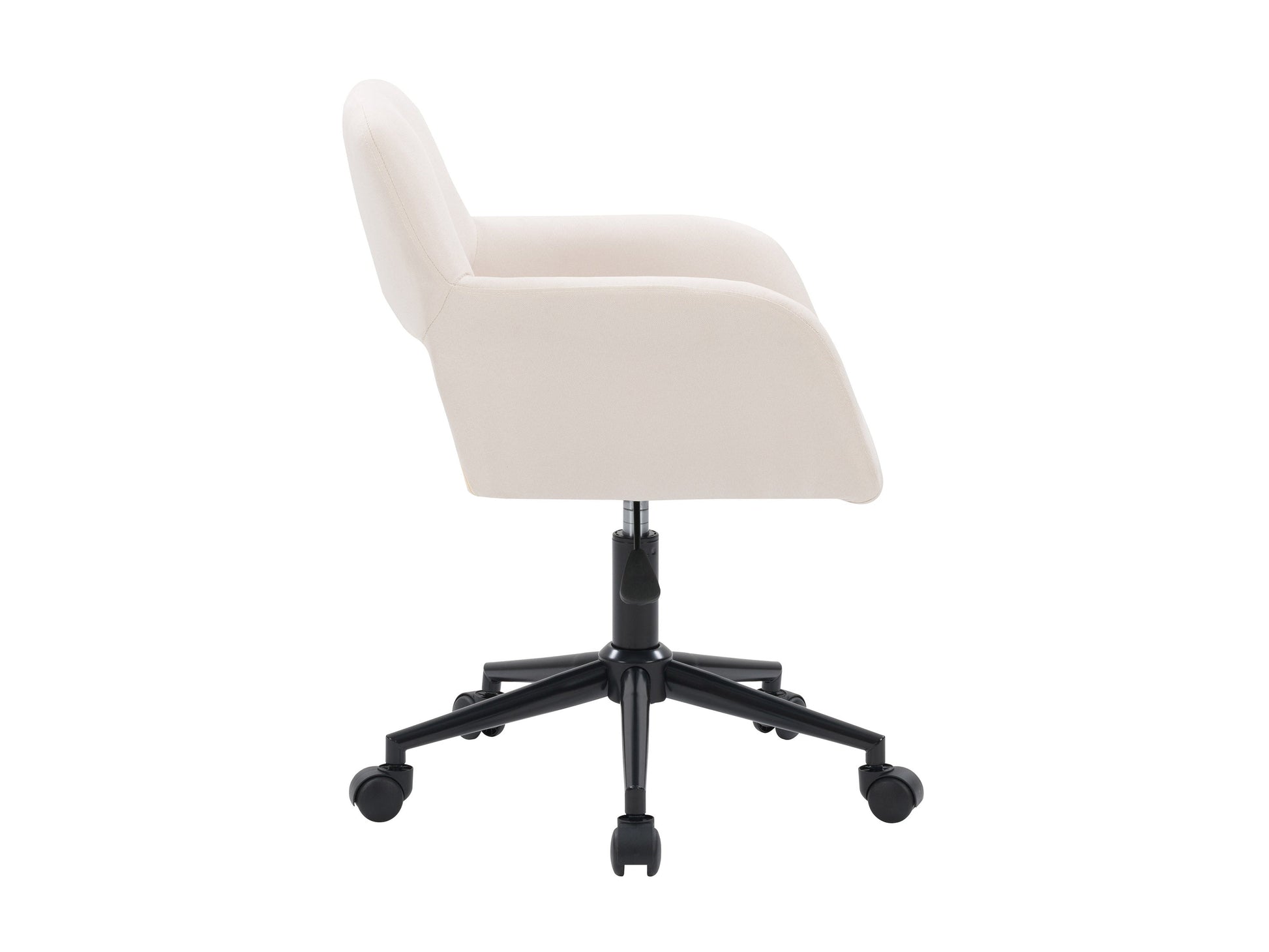 Off white task chair with open back, ergonomic design, adjustable height, and rolling wheels for office use.