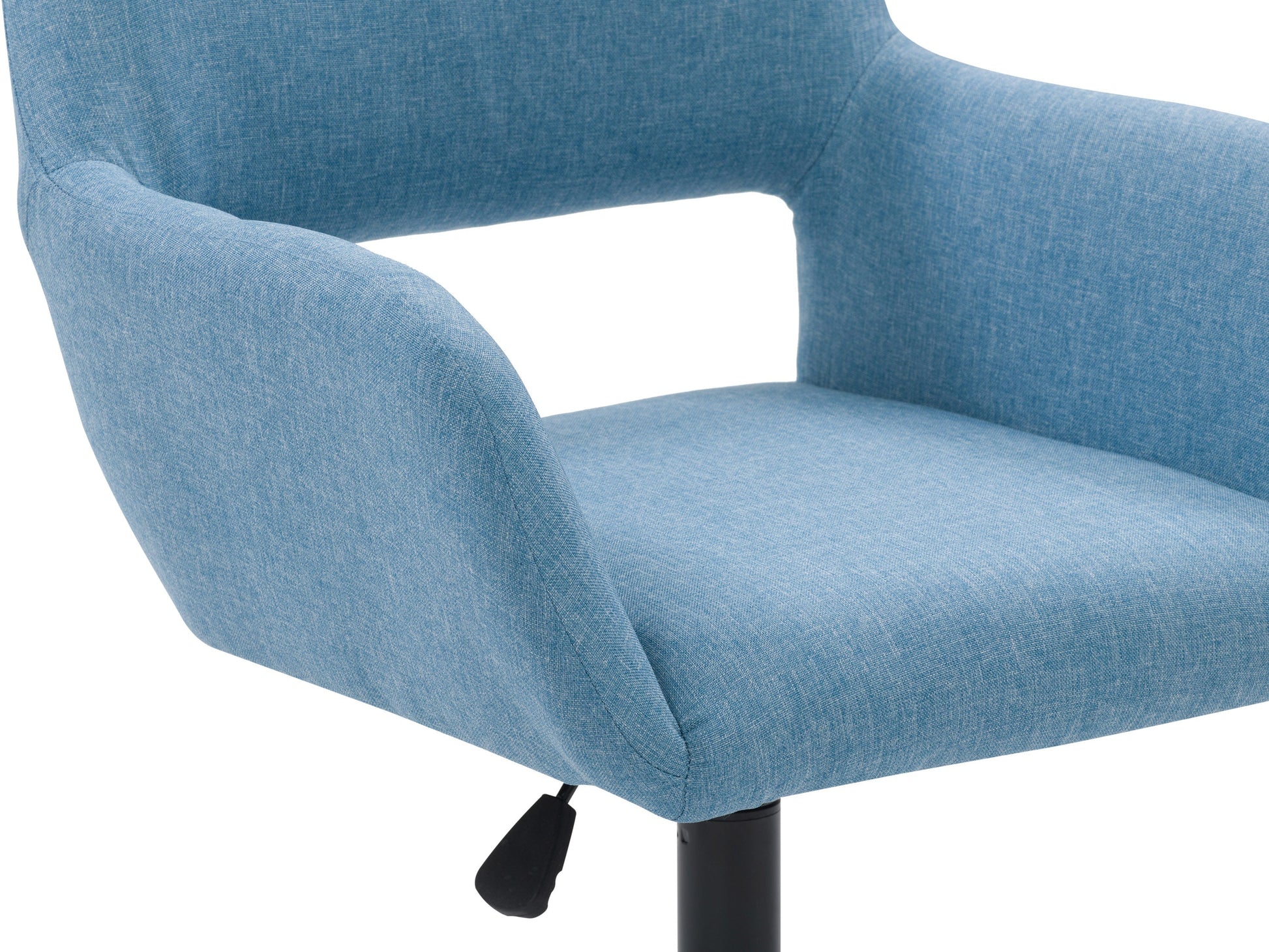 Light blue office chair with open back, ergonomic design, adjustable height, and swivel base.