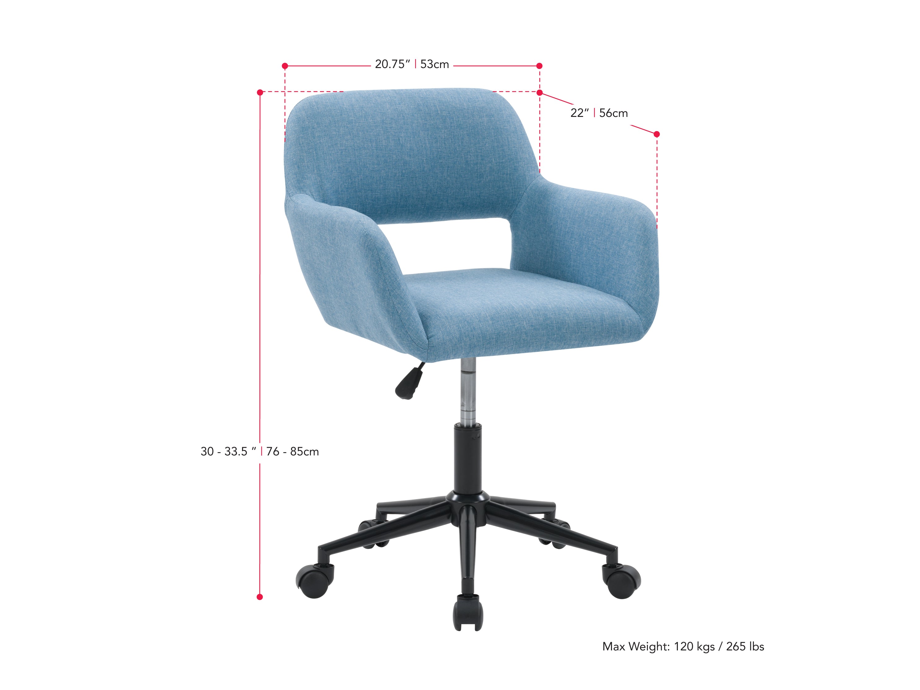 Light blue task chair with open back, ergonomic design, and adjustable height on a chrome base.