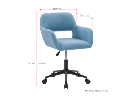 Light blue task chair with open back, ergonomic design, and adjustable height on a chrome base.