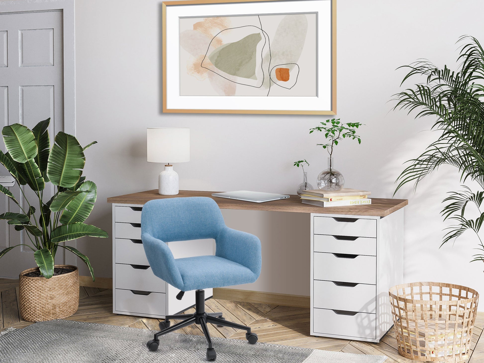 Light blue task chair with open back, ergonomic design, and adjustable height, perfect for modern office setups.