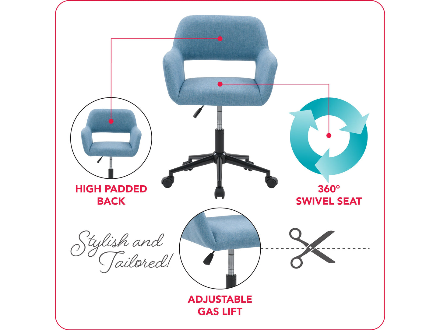 Light blue task chair with open back, ergonomic design, and adjustable height for office use.