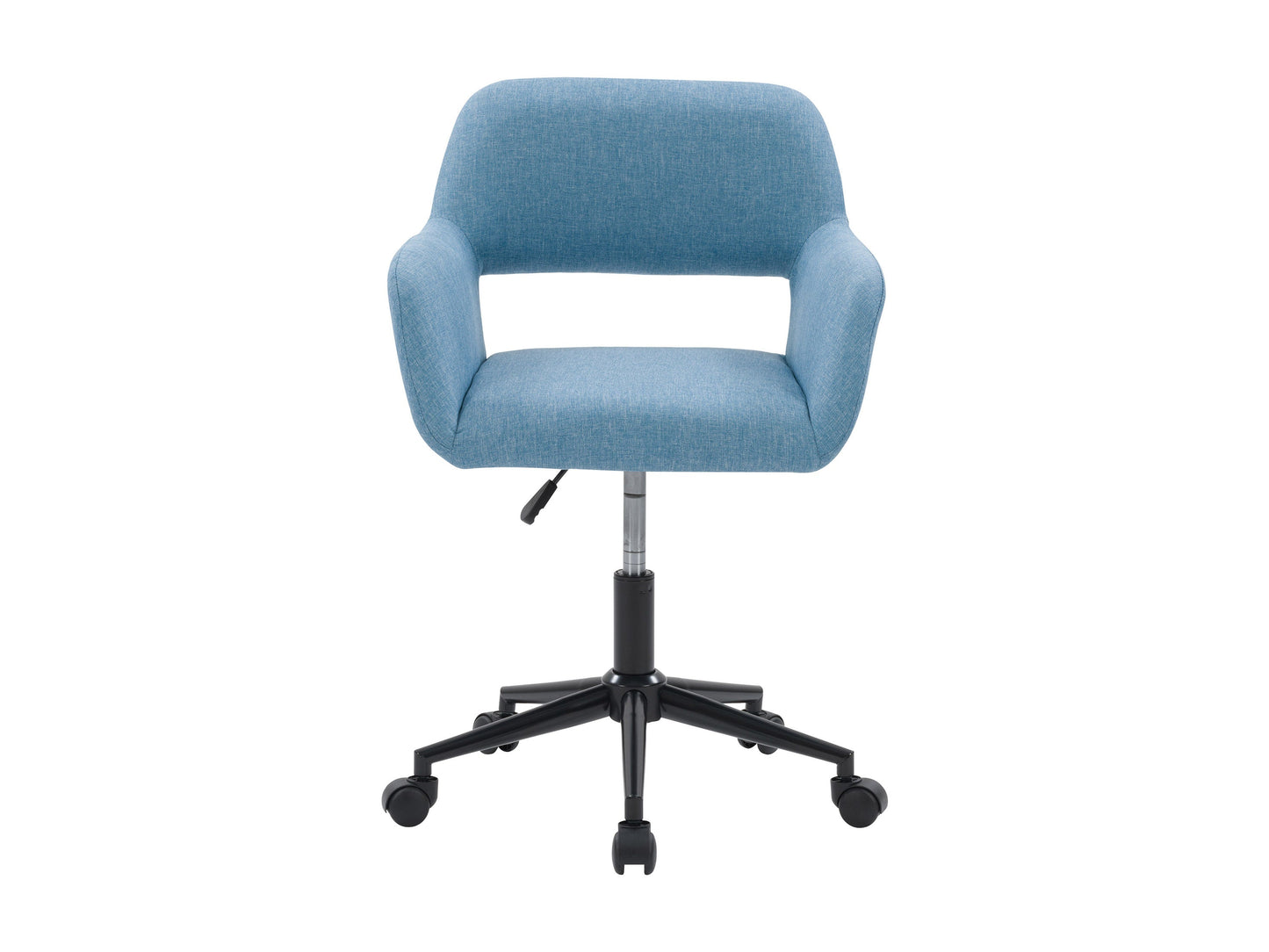 Light blue task chair with open back, ergonomic design, cushioned seat, and adjustable height.