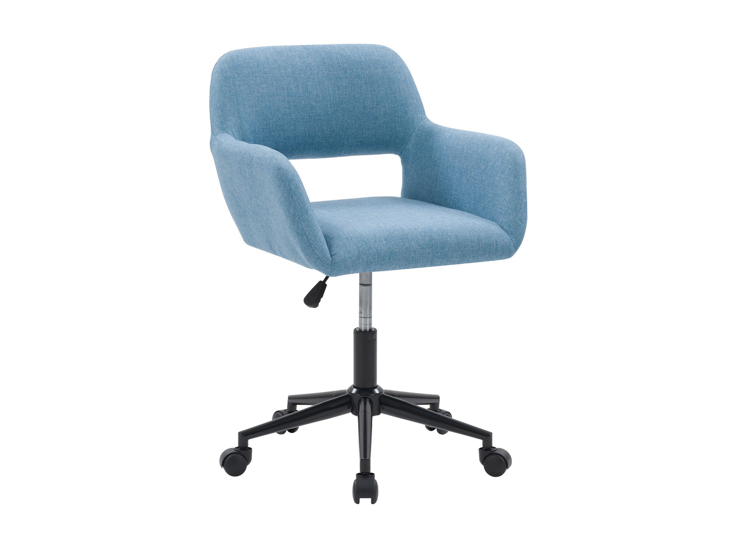 Light blue task chair with open back, ergonomic design, adjustable height, and sleek metal frame.