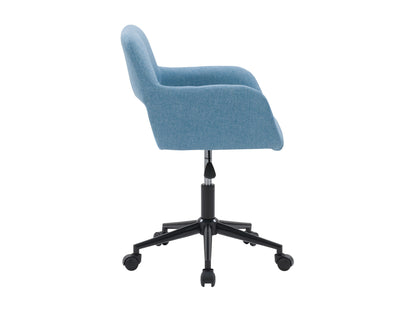 Light blue task chair with open back, ergonomic design, and adjustable height for modern office spaces.