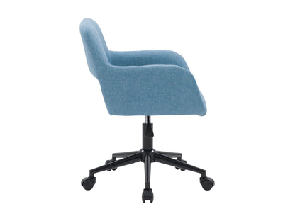 Light blue task chair with open back, ergonomic design, and adjustable height, ideal for modern office spaces.