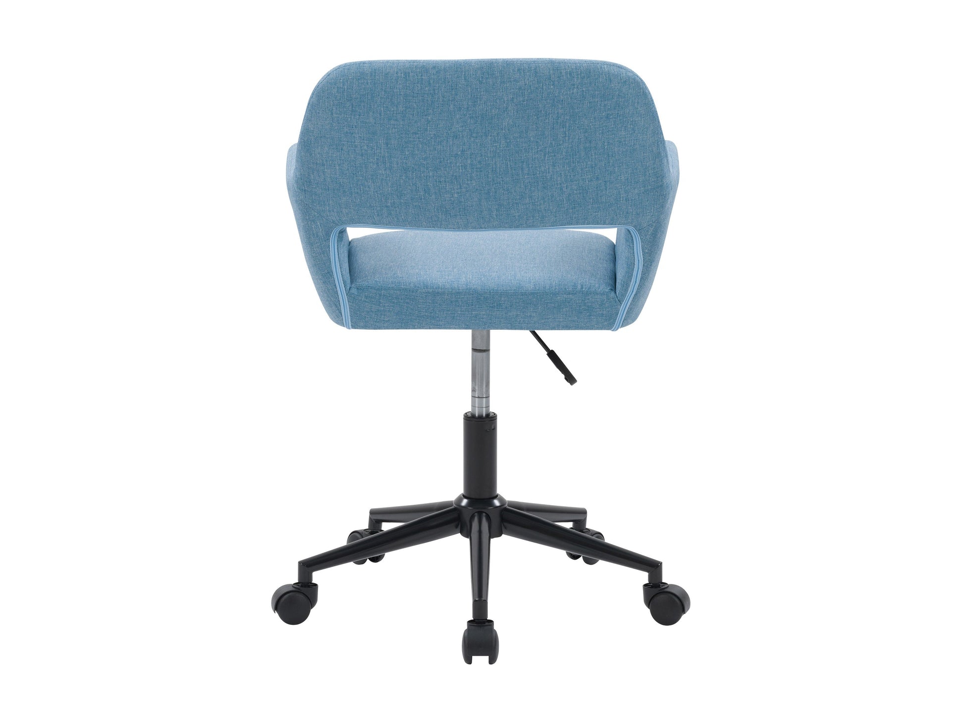 Light blue task chair with open back, ergonomic design, and adjustable height, perfect for modern office setups.