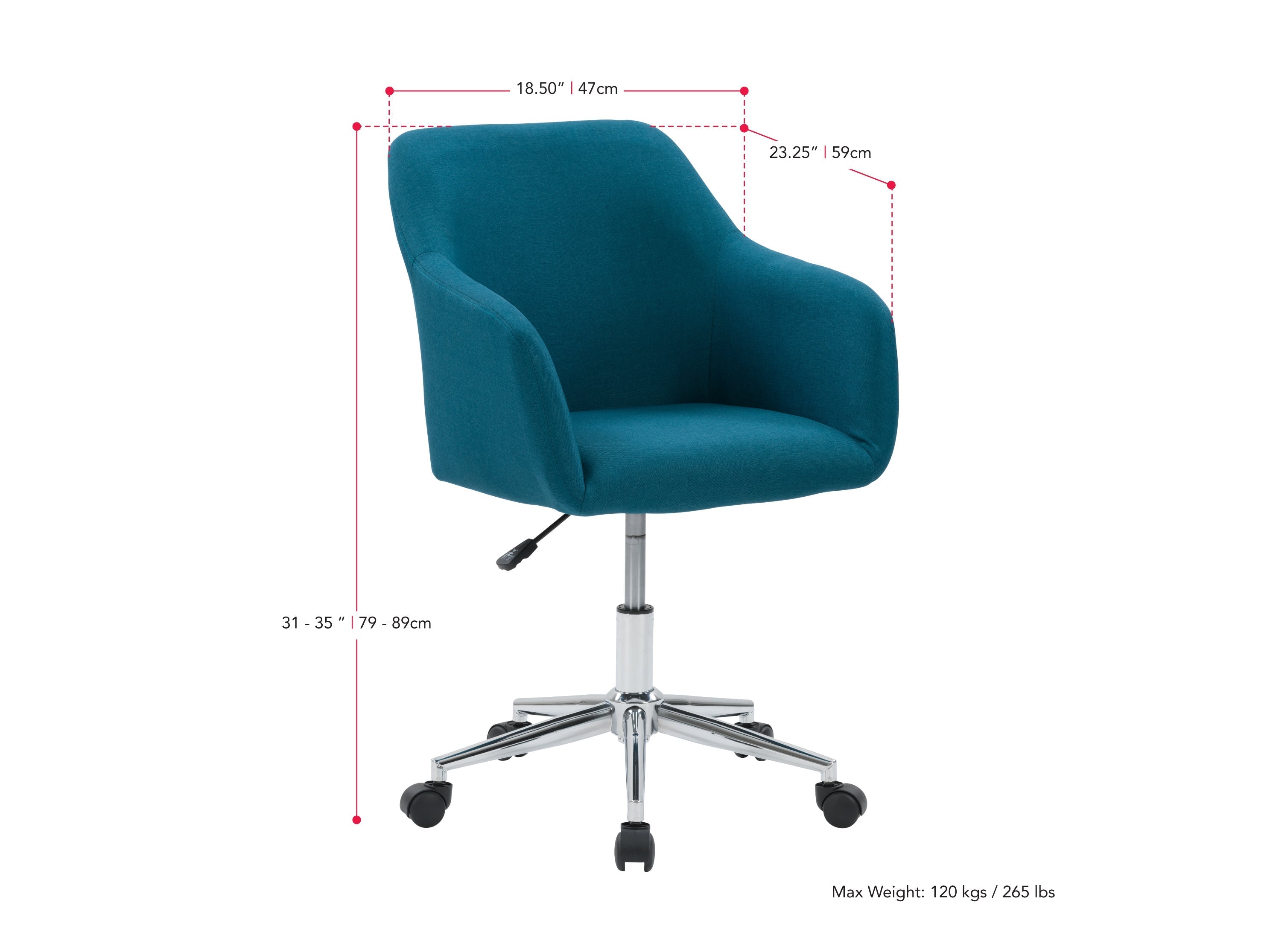 Dark blue task chair with arms, ergonomic design, mesh backrest, and adjustable height for office use.