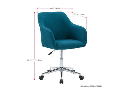 Dark blue task chair with arms, ergonomic design, mesh backrest, and adjustable height for office use.