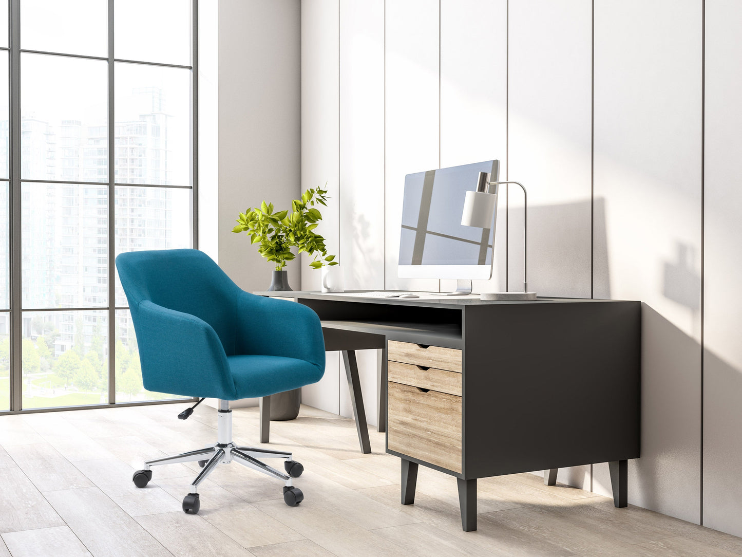 Dark blue task chair with arms, ergonomic design, adjustable height, and swivel base for office use.