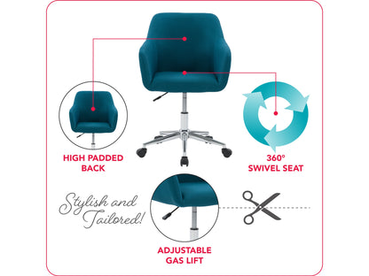 Dark blue task chair with arms, ergonomic design, mesh backrest, and adjustable height for office use.