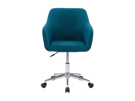 Dark blue office task chair with arms, ergonomic design, mesh backrest, and adjustable height.