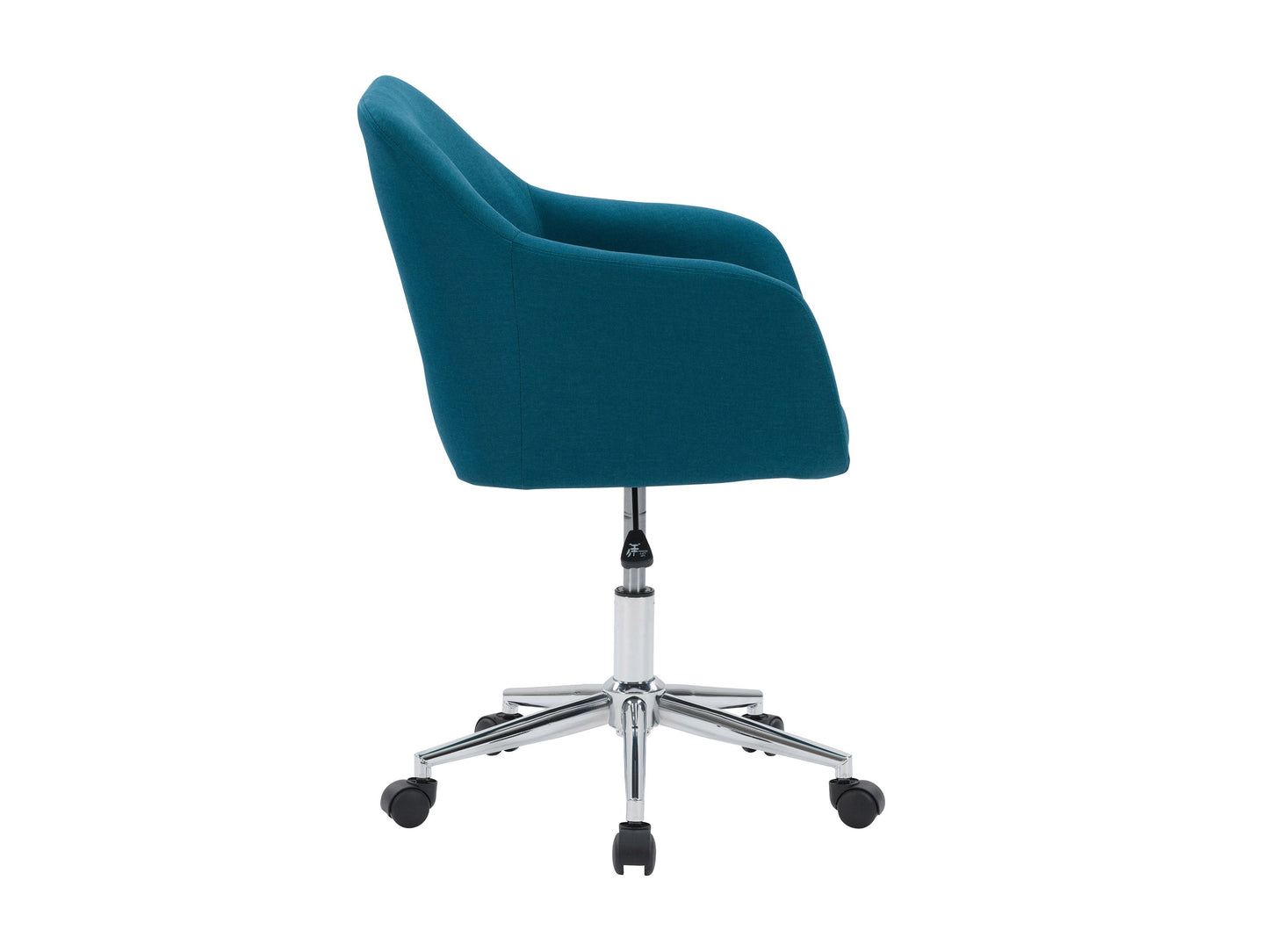 Dark blue task chair with arms, ergonomic design, mesh backrest, adjustable height, and swivel base.