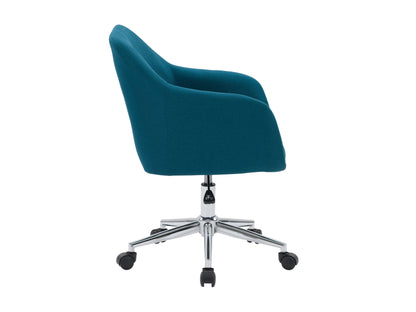 Dark blue task chair with arms, ergonomic design, mesh back, and adjustable height for office use.