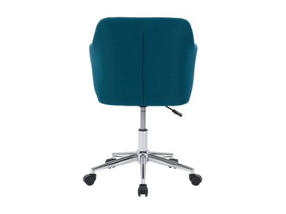 Dark blue task chair with arms, ergonomic design, mesh back, and adjustable height for office use.