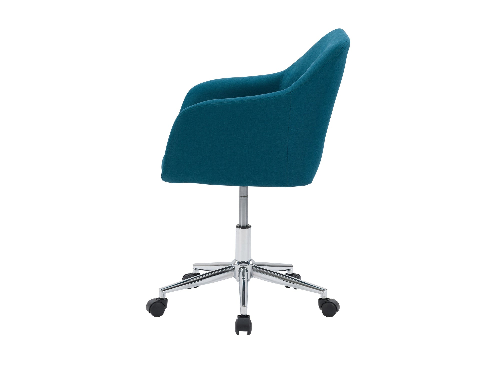 Dark blue task chair with arms, ergonomic design, mesh backrest, and adjustable height for office use.