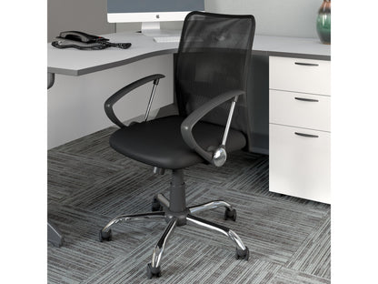 Gray fabric office chair with ergonomic design, adjustable height, and padded armrests, featuring a sturdy black base and smooth-rolling casters, ideal for home or office use.