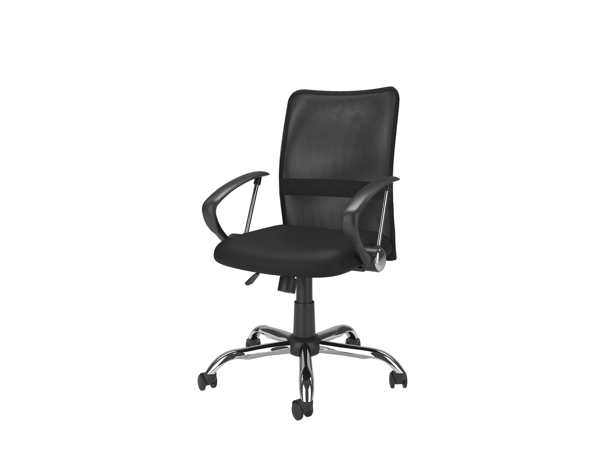 Ergonomic fabric office chair with adjustable height, cushioned seat, and backrest in gray and black tones, featuring a sturdy metal base with caster wheels for easy mobility.