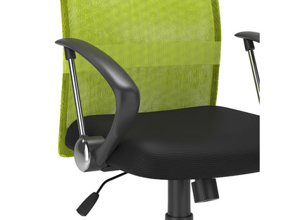 Lime green fabric office chair with ergonomic design, adjustable height, and black swivel base.