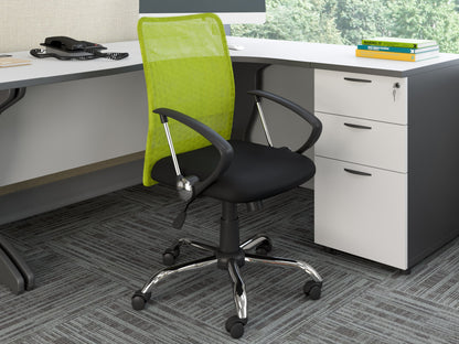 Lime green fabric office chair with ergonomic design, adjustable height, and black metal base.