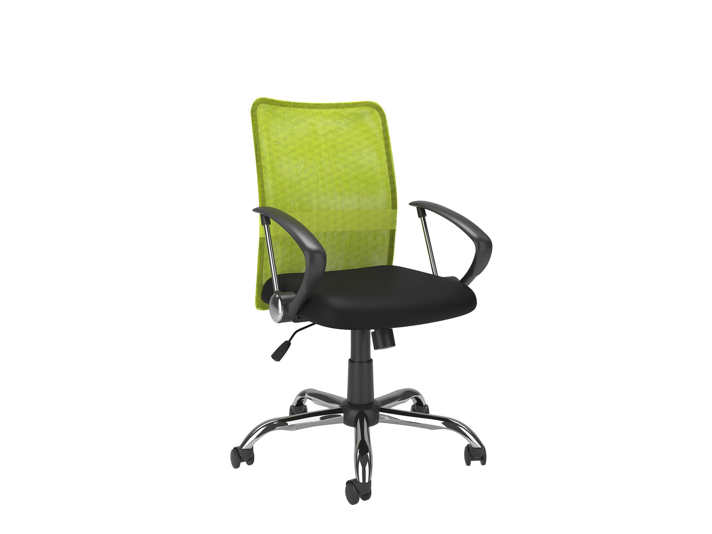 Lime green fabric office chair with ergonomic design, adjustable height, and black metal base.