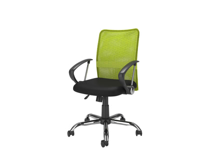 Lime green fabric office chair with ergonomic design, adjustable height, and black metal base.