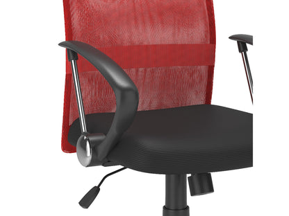 Red fabric office chair with ergonomic design, cushioned seat, adjustable height, and sturdy black base.