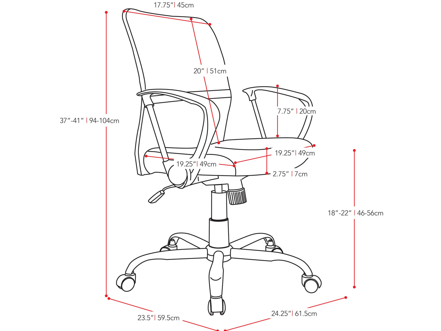 Red fabric office chair with ergonomic design, adjustable height, and black swivel base.